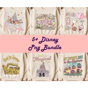 Può includere: Una collezione di felpe color crema con varie grafiche a tema Disney. I disegni includono castelli, personaggi e frasi come "Magical" e "Universal Studios". È visibile anche il testo "5+ Disney Png Bundle".