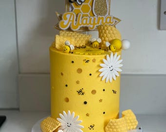 Personalised Bee First Birthday Cake Topper Honeycomb Theme Custom Name and Age