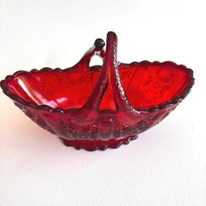 Vintage Fenton Small Daisy and Button Split Handle Ruby Red Basket