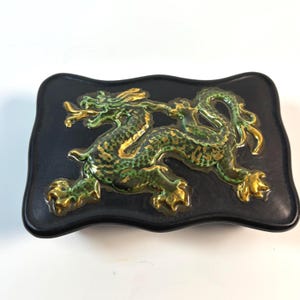 Signed Studio Pottery Dragon Box Black Ceramic Green Gold Chinese Dragon Trinket Box
