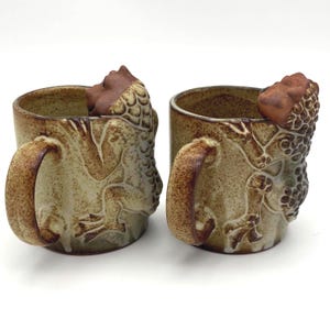 Vintage n Lizard Mugs Set: 1970s Japan Stoneware, Redware Sculpted Dragon Reptile