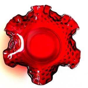 Fenton Ruby Red Glass Ruffled Bowl, Mid Century Candy Dish, 6 Inch