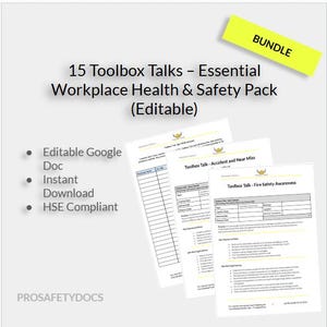 May include: A bundle of 15 Toolbox Talks for workplace health and safety. The pack includes editable Google Docs and is HSE compliant. The image shows three documents with the titles "Accident and Near Miss" and "Fire Safety Awareness". A yellow banner reads "BUNDLE".