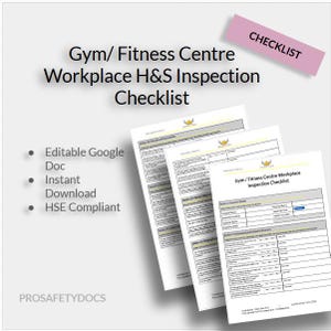 Può includere: Un gruppo di documenti di carta bianca intitolati "Gym/ Fitness Centre Workplace H&S Inspection Checklist". I documenti includono elenchi di controllo e il testo "Editable Google Doc", "Instant Download" e "HSE Compliant". Un rettangolo rosa con la parola "CHECKLIST" si trova in alto a destra.