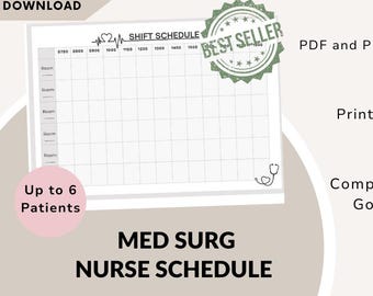 Puede incluir: Un horario imprimible para enfermeras de medicina y cirugía con un diseño de cuadrícula para la planificación de turnos. El diseño incluye un icono de estetoscopio, un gráfico de monitor de frecuencia cardíaca y el texto "Best Seller".