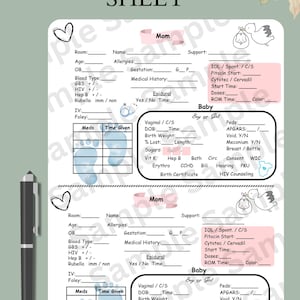 May include: A labour report sheet with sections for mother and baby details. The sheet includes spaces for medical history, vital signs, and baby's birth details. A black pen rests on the left side of the sheet.