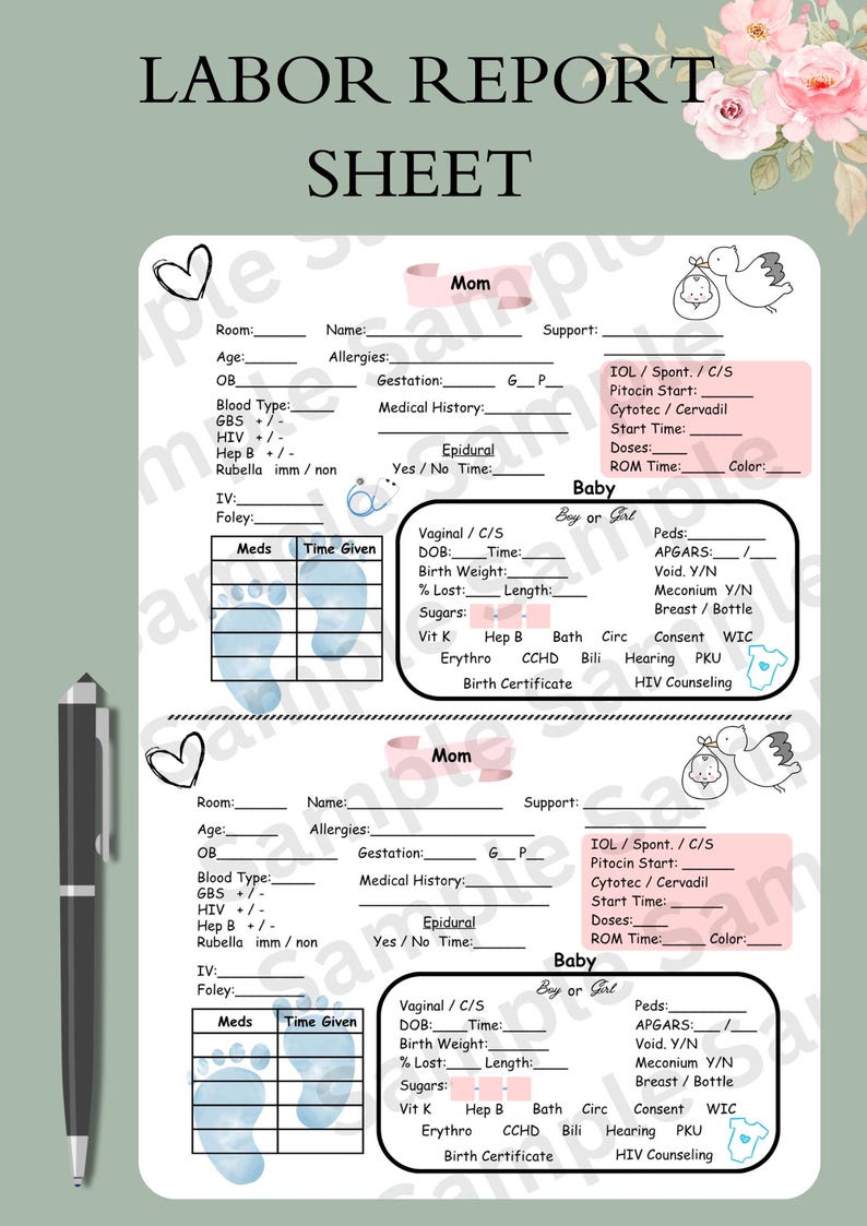 Ob Lab Template Printable Labor & Delivery Report Sheet | L Andd Nurse Report | OB ...