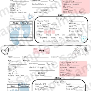 May include: A medical chart template with sections for mother and baby information. The pink banner reads "Mom". The chart includes fields for medical history, baby's birth details, and a section for medications. Decorative elements include hearts and a stork.