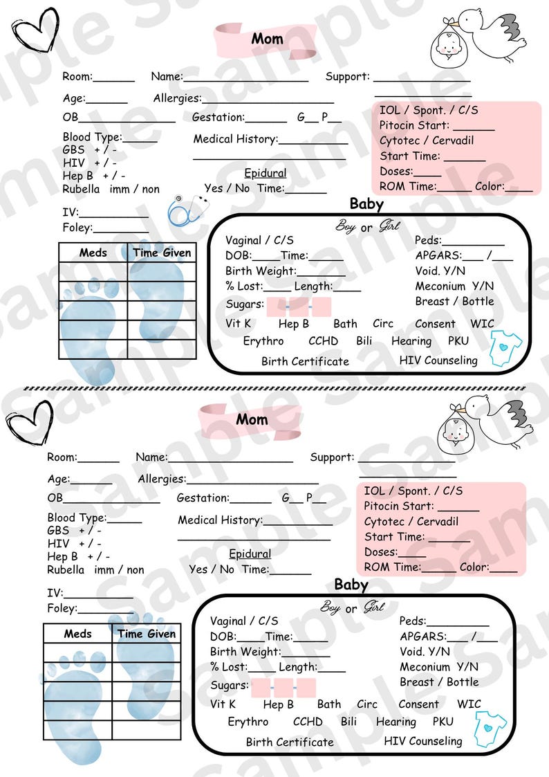 May include: A medical chart template with sections for mother and baby information. The pink banner reads "Mom". The chart includes fields for medical history, baby's birth details, and a section for medications. Decorative elements include hearts and a stork.