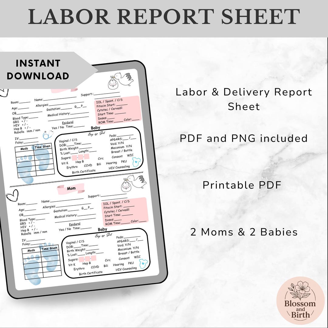 Ob Lab Template Printable Labor & Delivery Report Sheet | L Andd Nurse Report | OB ...