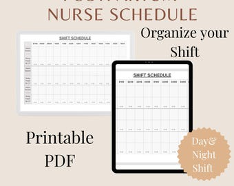May include: Two digital tablets displaying a "Shift Schedule" template for postpartum nurses. The text "Postpartum Nurse Schedule" and "Organize your Shift" are at the top. The words "Printable PDF" are at the bottom, with a "Day & Night Shift" badge.