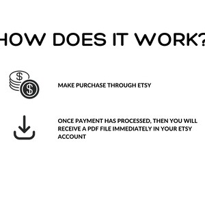 May include: A white background with the text "HOW DOES IT WORK?" and instructions. The steps include making a purchase through Etsy and receiving a PDF file immediately in your Etsy account.