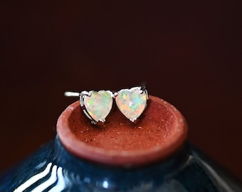 Heart Opal Stud Earrings: White Gold-Plated Sterling Silver, October Birthstone
