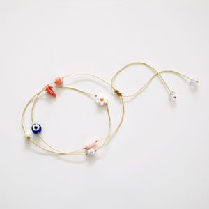 Handmade Necklace/Bracelet with Shell Flower, Freshwater Pearl, Coral Shards, Evil Eye Bead, Dainty Charm Necklace, Handmade Summer Jewelry