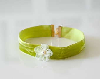 Handmade Chartreuse Velvet Choker: Organza Flower & Genuine Pearl, Wedding Party Choker