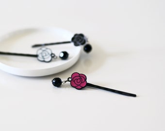 Enamel Rose Bobby Pins with Dangle Beads | Set of 2 Floral Hair Clips