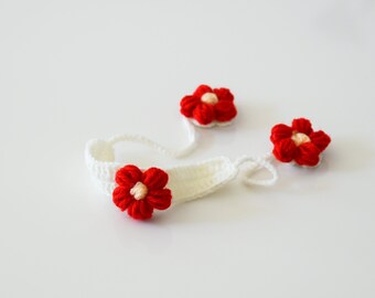 Handmade Crochet Red Flower Choker, Wrist Flower, Headband