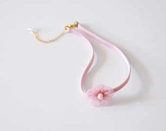 Handmade Organza Flower Choker: Genuine Pearl Accent, Velvet Ribbon, Wedding Party Choker