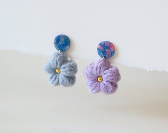 Handmade crochet flower earrings, Knitted flower drop earrings, Acetate stud earrings, Yarn flower dangle earrings, Floral textile  jewelry