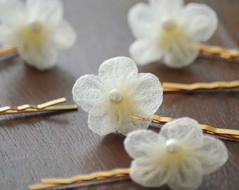 Organza Flower Hair Pins - Pearl Embellished Bobby Pins - Set of 4