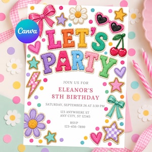 Puede incluir: Una tarjeta de invitación de cumpleaños con el texto LET'S PARTY, JOIN US FOR ELEANOR'S 8TH BIRTHDAY, SATURDAY, SEPTEMBER 26 AT 3:30 PM, 123 ANYWHERE ST, ANY CITY, ST 12345, RSVP 123-456-7890, decorada con parches de estilo bordado.
