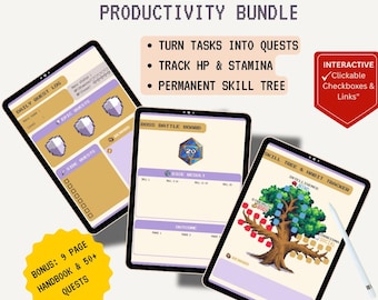 May include: A productivity bundle for ADHD and neurodivergent brains, featuring a daily quest log, boss battle board, and skill tree habit tracker. Includes a 9-page handbook and 50+ quests. The bundle is designed to turn tasks into quests and track HP & stamina.