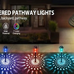 Solar-powered pathway light stake highlighting 2 lighting modes, auto on/off, and 7 color-changing options