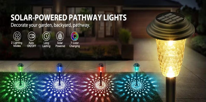 Solar-powered pathway light stake highlighting 2 lighting modes, auto on/off, and 7 color-changing options