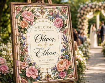 May include: A rectangular wedding welcome sign in a wooden frame featuring a stained glass-style border with pink, blue, and green floral patterns. The center text reads: WELCOME TO THE WEDDING OF Olivia & Ethan JUNE 14, 2027 ROSEWOOD GARDEN ESTATE.