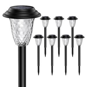 Full 10-pack set of black solar stake lights with clear petal-pattern lampshades on a white background