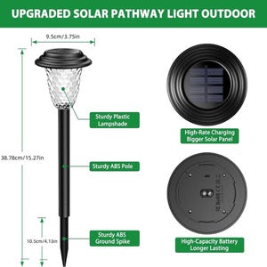 Diagram of solar pathway light showing dimensions, solar panel, ABS pole, ground spike, and battery compartment