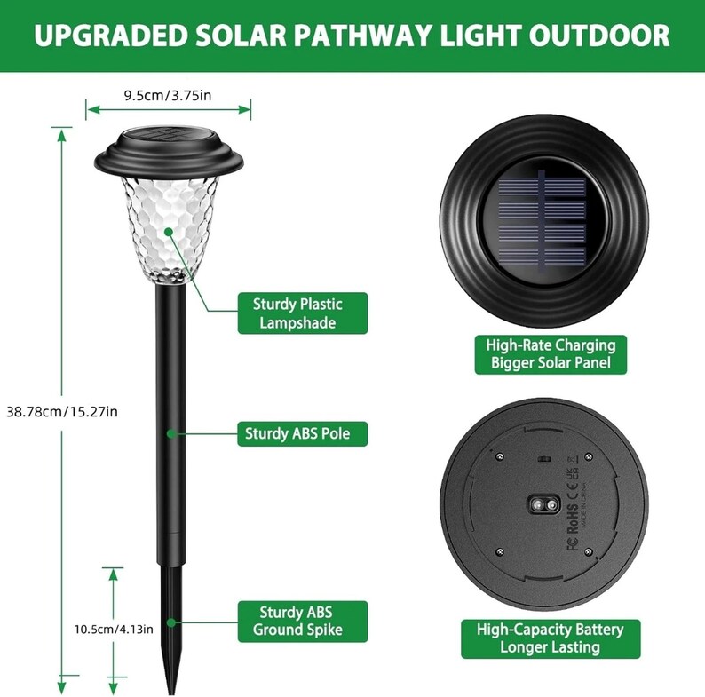 Diagram of solar pathway light showing dimensions, solar panel, ABS pole, ground spike, and battery compartment