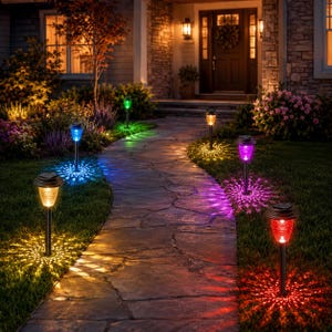 Solar garden pathway lights glowing in blue, green, warm white, purple and red along a curved stone walkway at night, casting decorative radial light patterns on the grass and path.