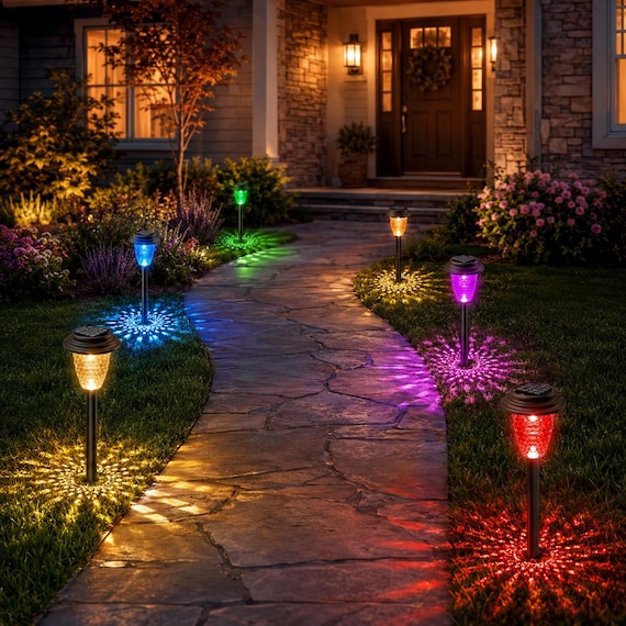 Solar Garden Lights: 10 Pack RGB Color Changing Waterproof Outdoor Pathway Stake Lights