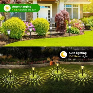 Solar garden lights lining a front yard flowerbed, showing auto-charging by day and auto-lighting 10-12 hours at night