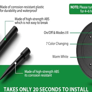 May include: Solar garden lights with a black finish. The image shows the components: a light head, a stake, and a base. Features include 7 color changing, warm white light, and on/off modes. The text indicates the lights are easy to install.