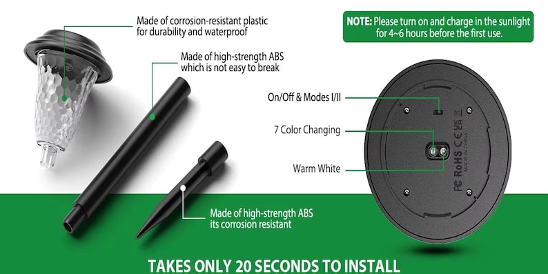 May include: Solar garden lights with a black finish. The image shows the components: a light head, a stake, and a base. Features include 7 color changing, warm white light, and on/off modes. The text indicates the lights are easy to install.