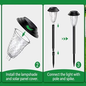 May include: Step-by-step instructions for assembling a solar path light. The image shows the process: removing the lampshade, installing the lampshade and solar panel cover, connecting the light with the pole and spike, and inserting the light into the ground.