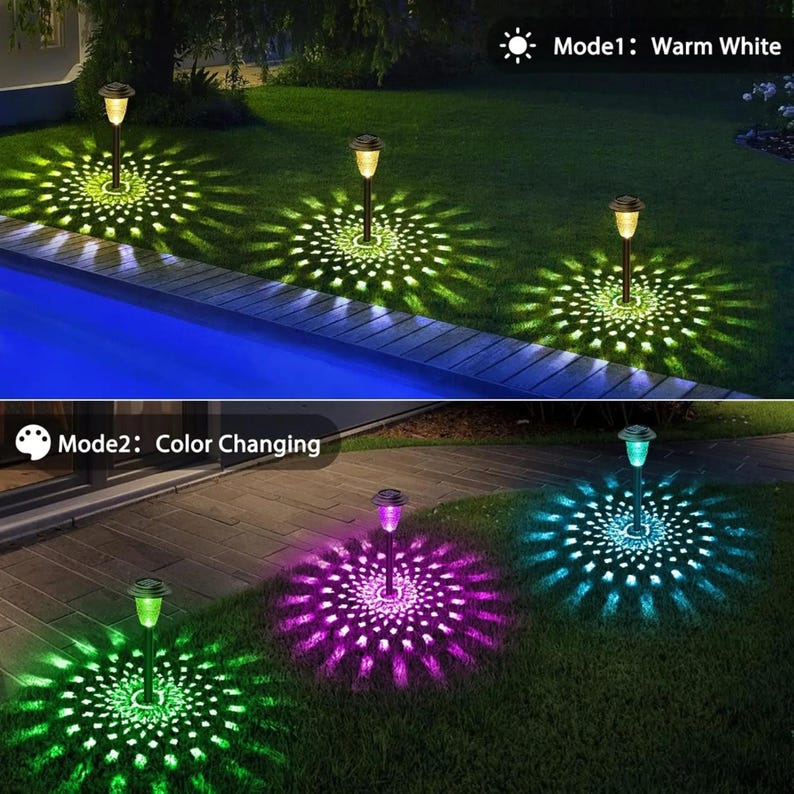 May include: Solar-powered garden lights illuminate a lawn with warm white and color-changing modes. The lights have a spiral pattern, creating a decorative effect. The image shows the lights near a pool and on a paved area.