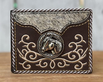 Handmade Western Leather Wallet, Horse Emblem, Embroidered Cowhide