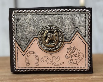 Handmade Western Leather Wallet, Cowhide and Horse Emblem, Made in Mexico