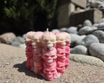 Cinnamon Chai Stacked Skull Candle | Pink Ombre Brain & Skull Cube | Creepy Cute Gothic Decor | Anatomical Oddities Gift