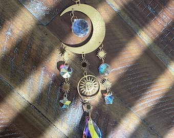 Moon Star Crystal Suncatcher, Celestial Prism Window Hanging, Gothic Witchy Decor