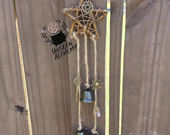 Handmade Witch Bells Door Protection Charm – Wreath with gems– Witchy Home Decor-rustic-minimalist-pentacle