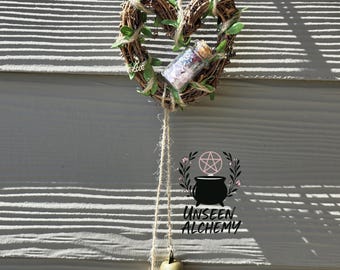 Handmade Witch Bells Door Protection Charm – Wreath with Crystals– Witchy Home Decor
