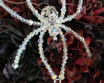 Crystal Spider Window Hanging, Glass Web Ornament, Witchy Halloween Gift, Dark Home Accent