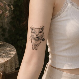 Tatuaggio temporaneo Gatto cattivo con sigaro / Set di 3 tatuaggi finti / Animale vintage a puntini sottili / Divertente tatuaggio di gatto gangster / 5 cm e 7 cm