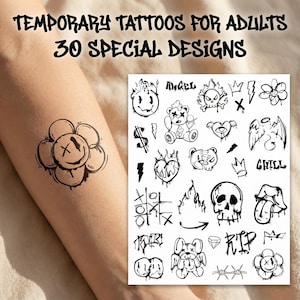 May include: A sheet of temporary tattoos for adults with 30 special designs. The designs include a flower with a smiley face, a teddy bear, a skull, and other black and white illustrations. The words "TEMPORARY TATTOOS FOR ADULTS" and "30 SPECIAL DESIGNS" are at the top.