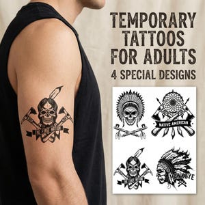 May include: Black and white temporary tattoos for adults. The designs include a skull with crossed axes and text that reads "THE FIRST NATION", a skull with a Native American headdress, a dreamcatcher with crossed axes and the text "NATIVE AMERICAN", and a Native American profile with the text "HAWKEYE".