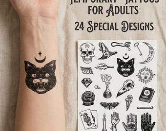 20+ st häxiga tillfälliga tatueringar, gotisk mörk konsttatuering, halloween ockult estetisk falsk tatuering, kropp arm ben mage hals konsttatuering